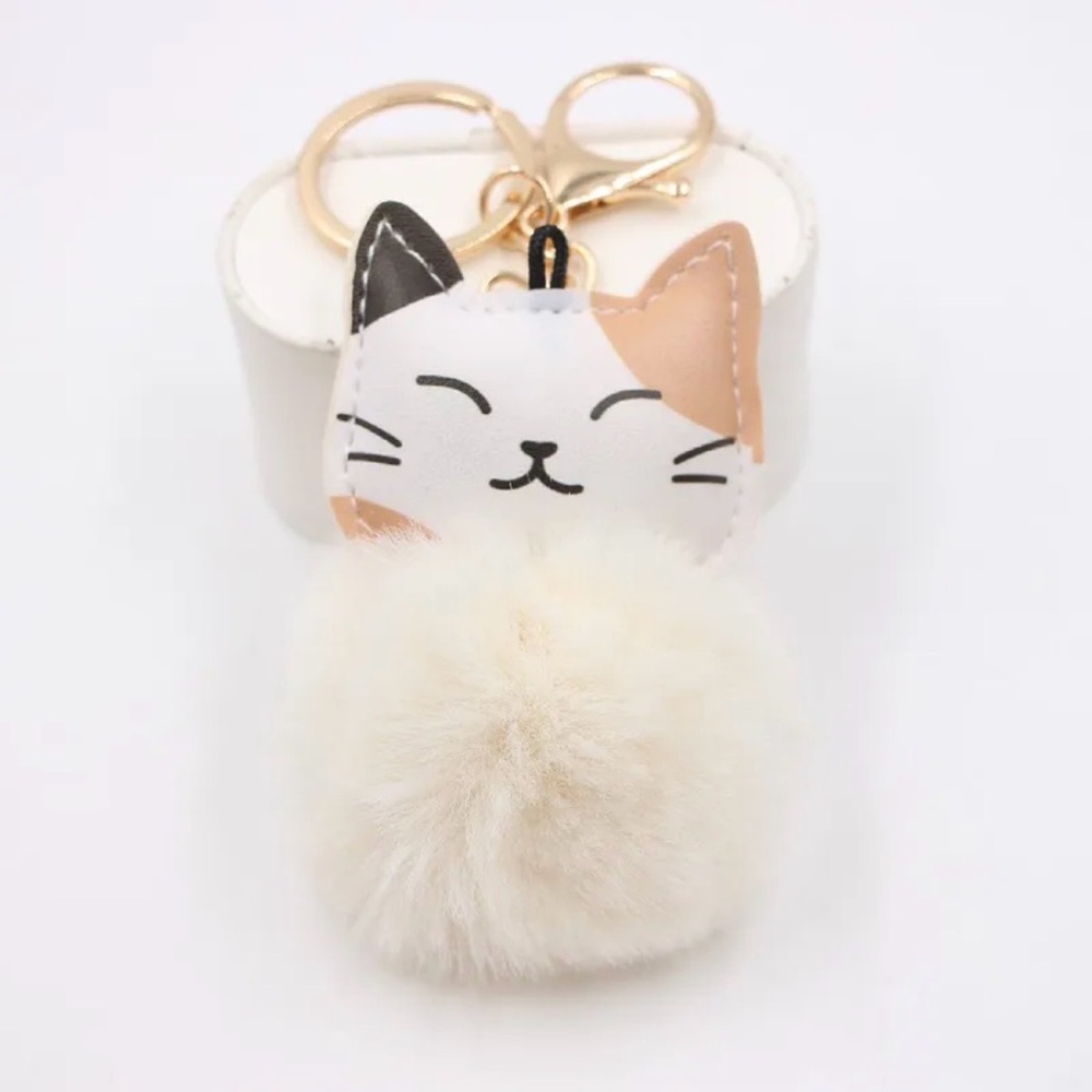 Cute Cat Keychain/Bag Charm with Cream Pom Pom